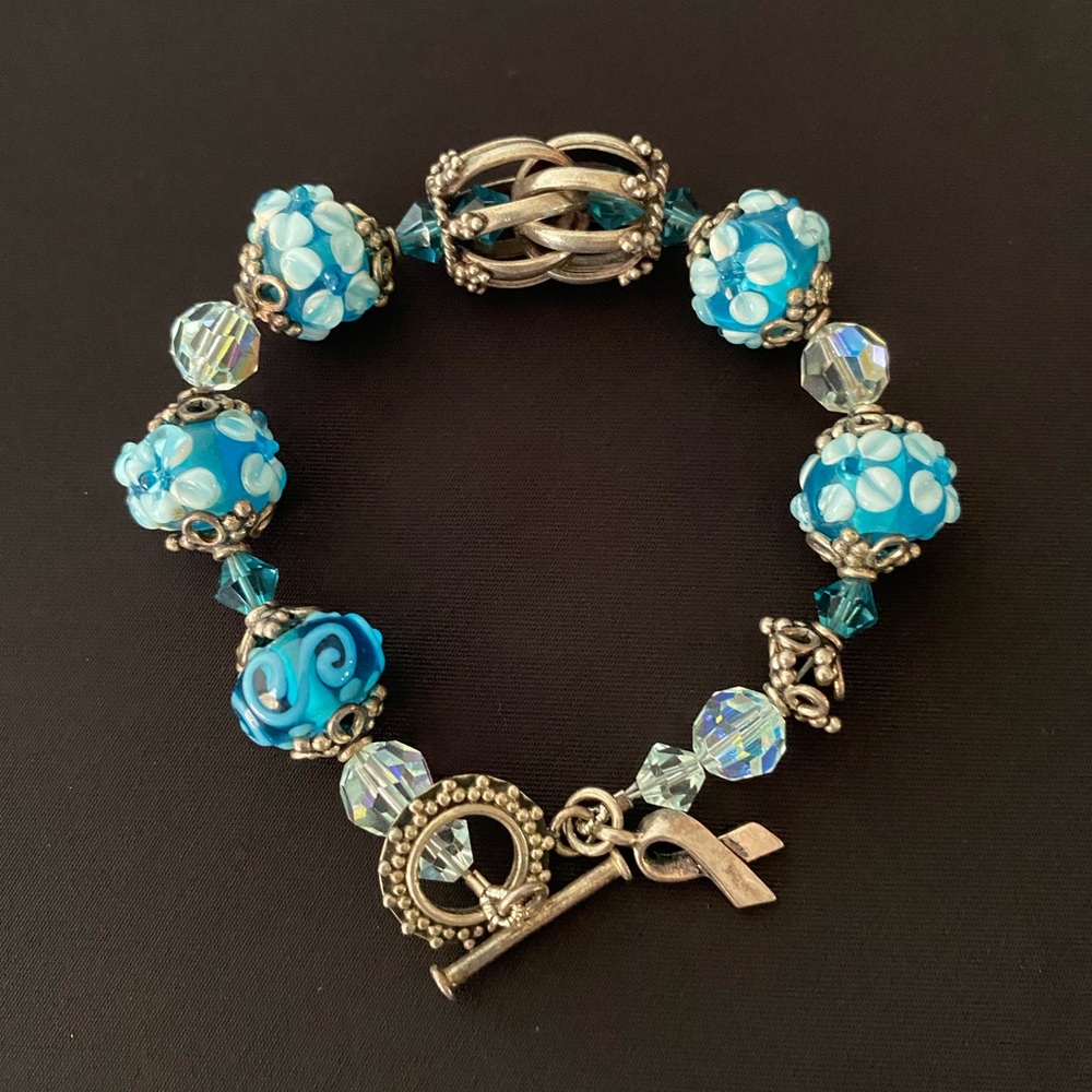 Sterling 925 Blue Lampwork Beaded Bracelet Toggle Closure Awareness Ribbon
